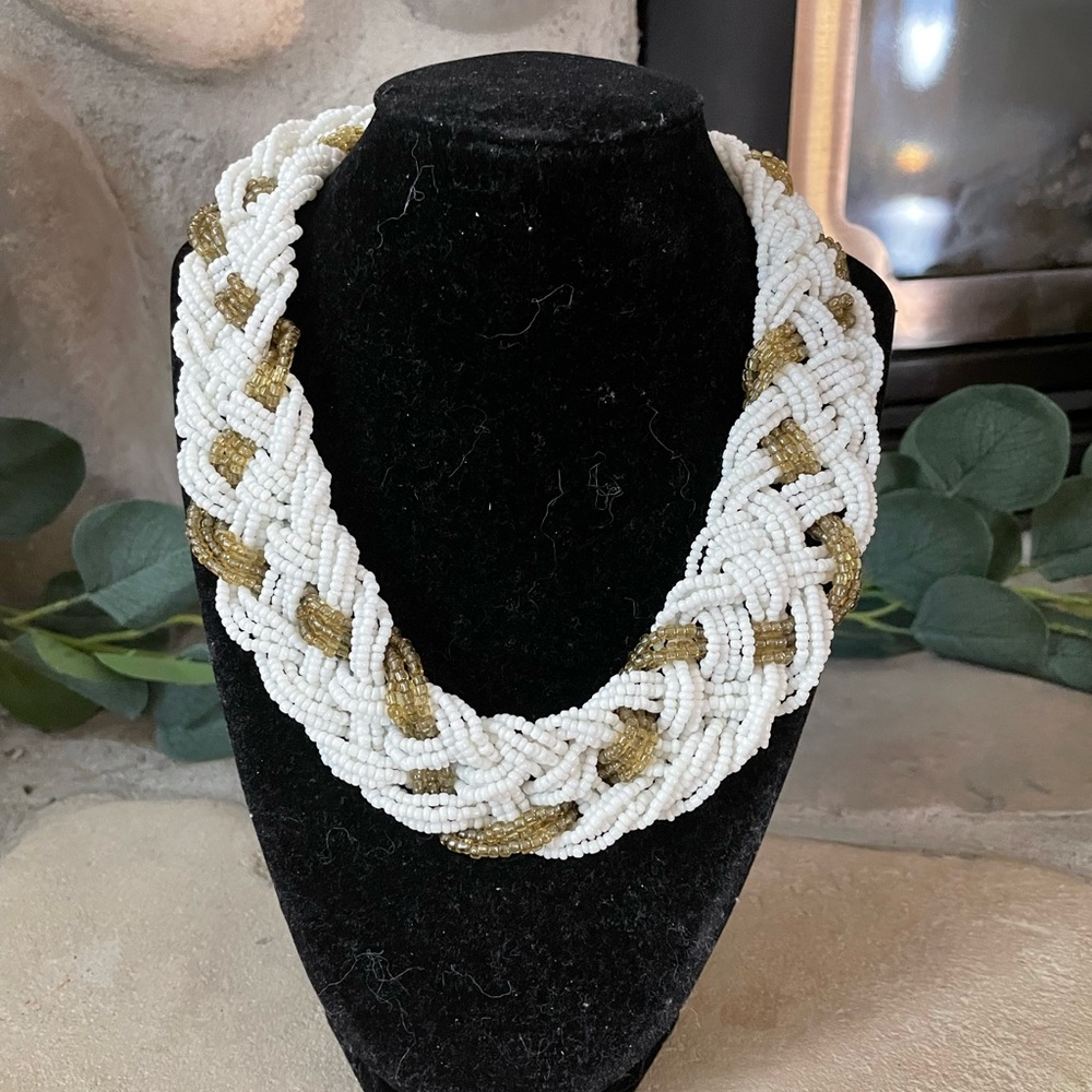 White & gold beaded braid necklace